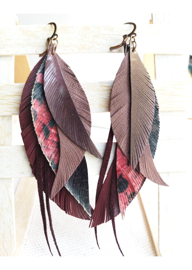 long leather feather burgundi  earrings genuine leather jewelry