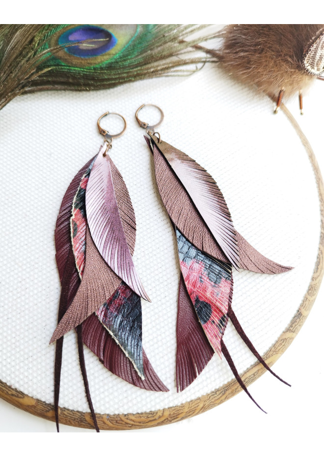 long leather feather burgundi  earrings genuine leather jewelry