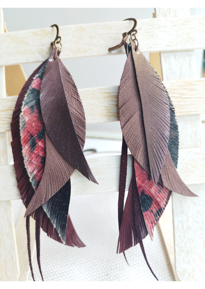 long leather feather burgundi  earrings genuine leather jewelry