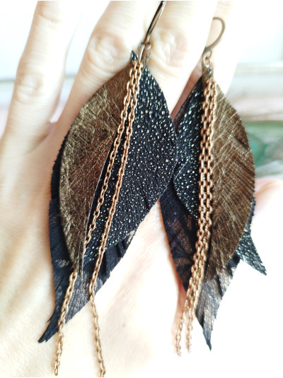 Dark brown with chain leather feather earrings.