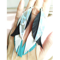 Turquoise black leather feather earrings.  