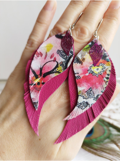 Wildflower pink leather wings earrings.