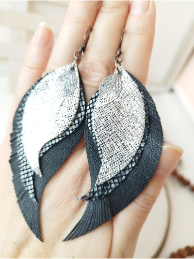 black silver leather wings earrings.