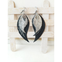 black silver leather wings earrings.